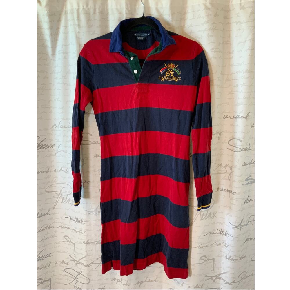 Ralph Lauren Vintage Rugby Striped Dress M Navy Red Green Preppy Y2K Old Money